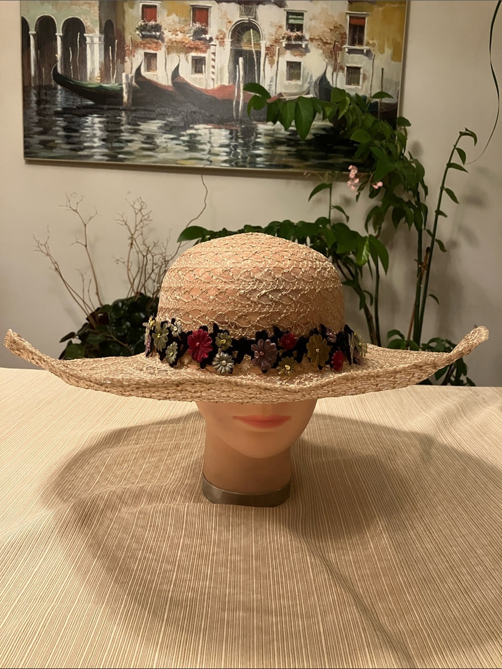 Chic Beige Lace Like Hat With Multi Color Embroidered Floral Trim